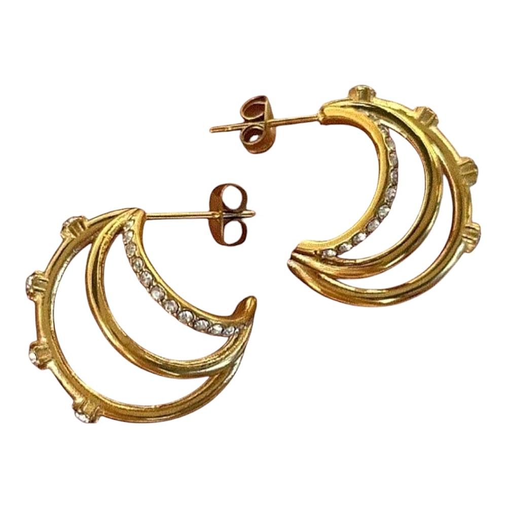 ❤️Gold Rhinestone Triple Crescent Stud Earrings☆